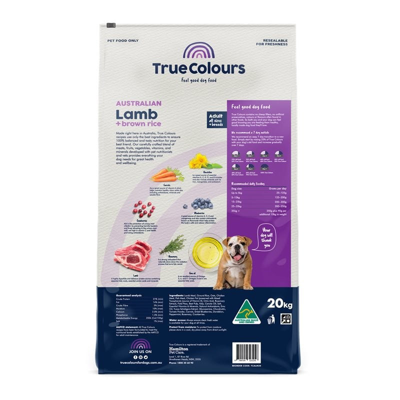 TRUE COLOURS ADULT LAMB & BROWN RICE 20KG FOOD FOR DOGS