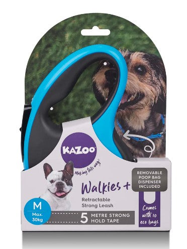 Kazoo Walkies Retractacble 5 Metre Lead Medium Max 30kg Dog With Poop Bags & Dispenser