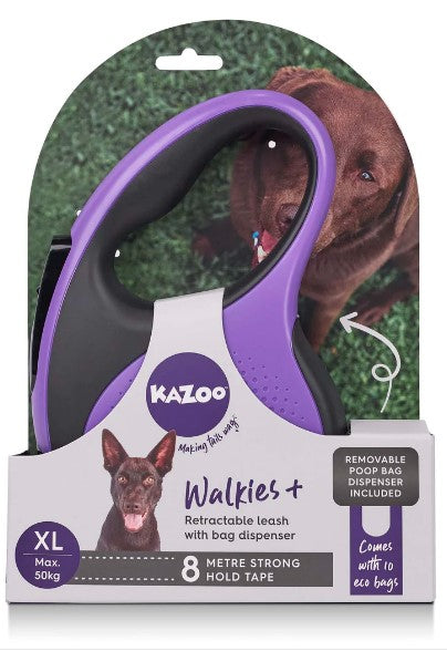 Kazoo Walkies Retractacble 8 Metre Lead Xl Max 50kg Dog With Poop Bags & Dispenser