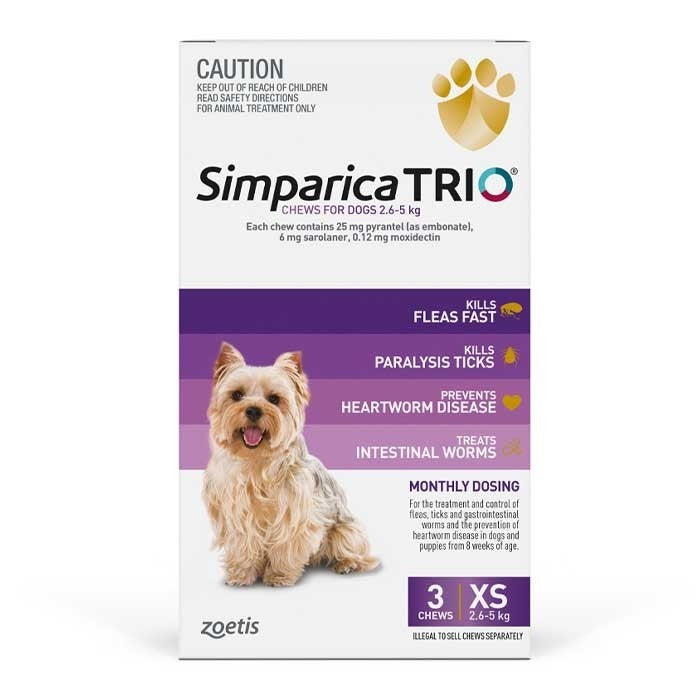 SIMPARICA TRIO 2.6-5Kg DOG FLEA, TICK & WORM CHEW 3 PACK