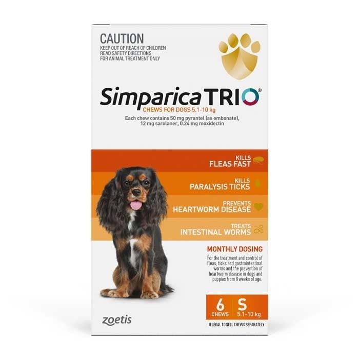 SIMPARICA TRIO 5.1-10Kg DOG FLEA, TICK & WORM CHEW 6 PACK