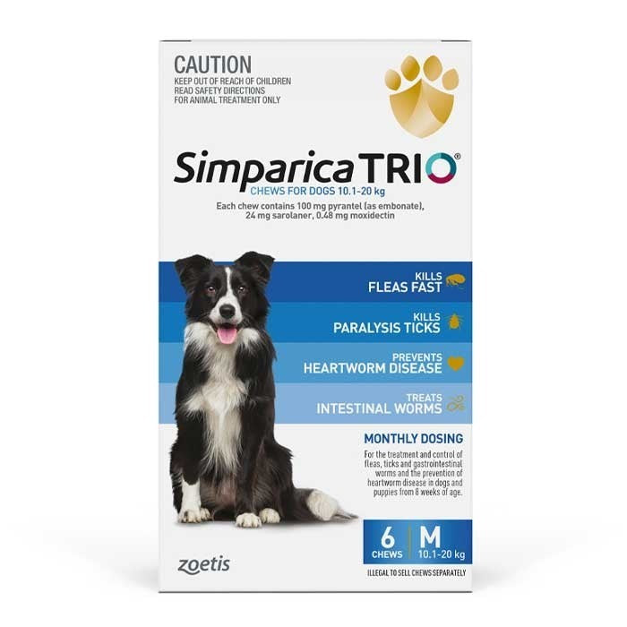 SIMPARICA TRIO 10.1-20Kg DOG FLEA, TICK & WORM CHEW 6 PACK