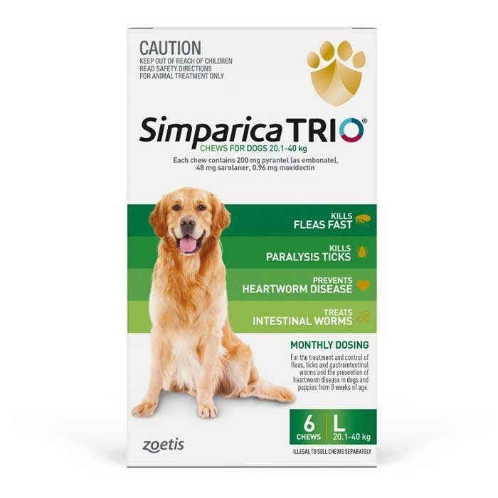 SIMPARICA TRIO 20.1-40Kg DOG FLEA, TICK & WORM CHEW 6 PACK