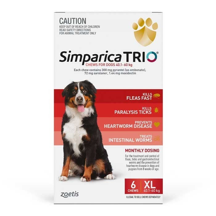 SIMPARICA TRIO 40.1-60Kg DOG FLEA, TICK & WORM CHEW 6 PACK