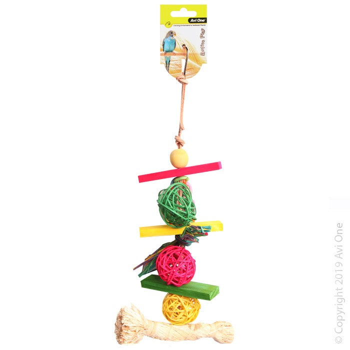 Avi One Bird Toy Rattan Balls With Raffia Wooden Beads